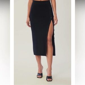 LITA by Ciara Black Ribbed Midi Skirt with High Side Slit with Buttons